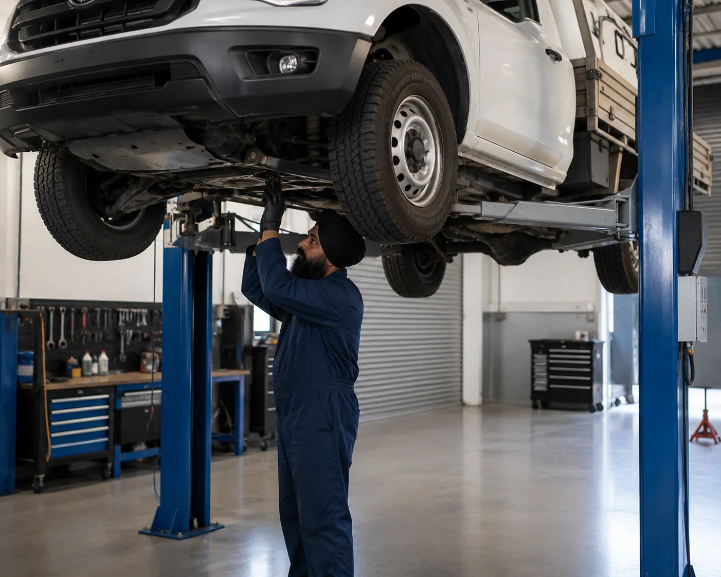 Diesel work ute on a hoist for light commercial fleet servicing and filter replacement