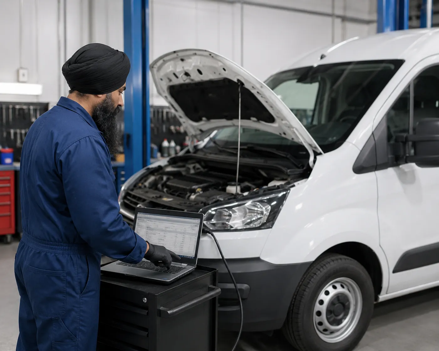 Mechanic using a diagnostic laptop on a fleet work vehicle during a logbook service