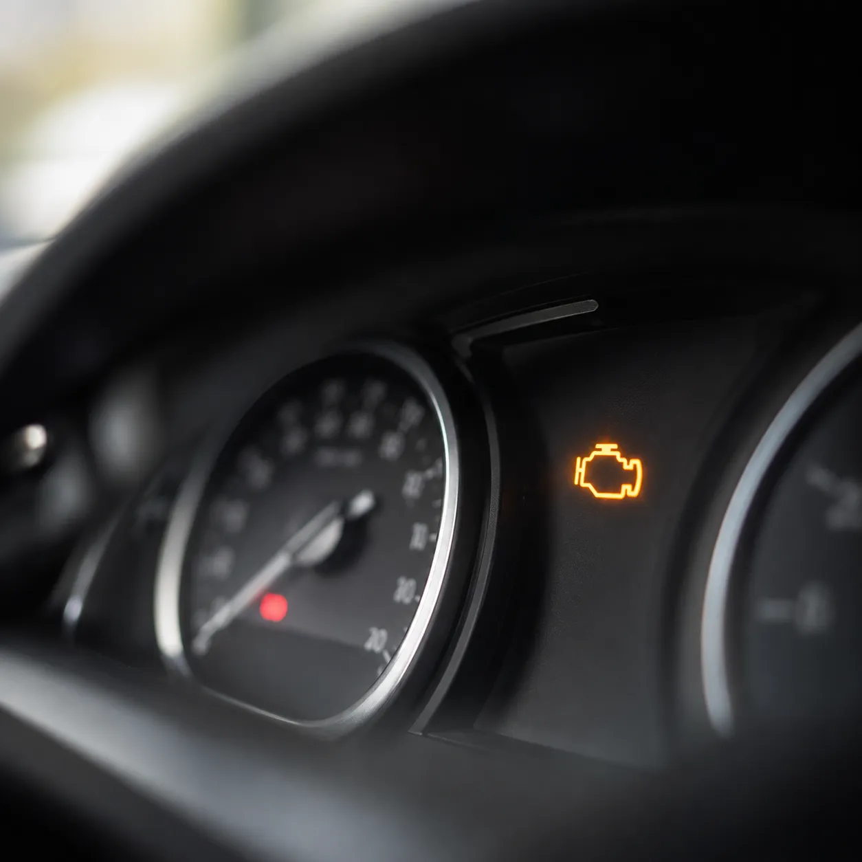 Amber check engine light glowing on a car dashboard in Beenleigh