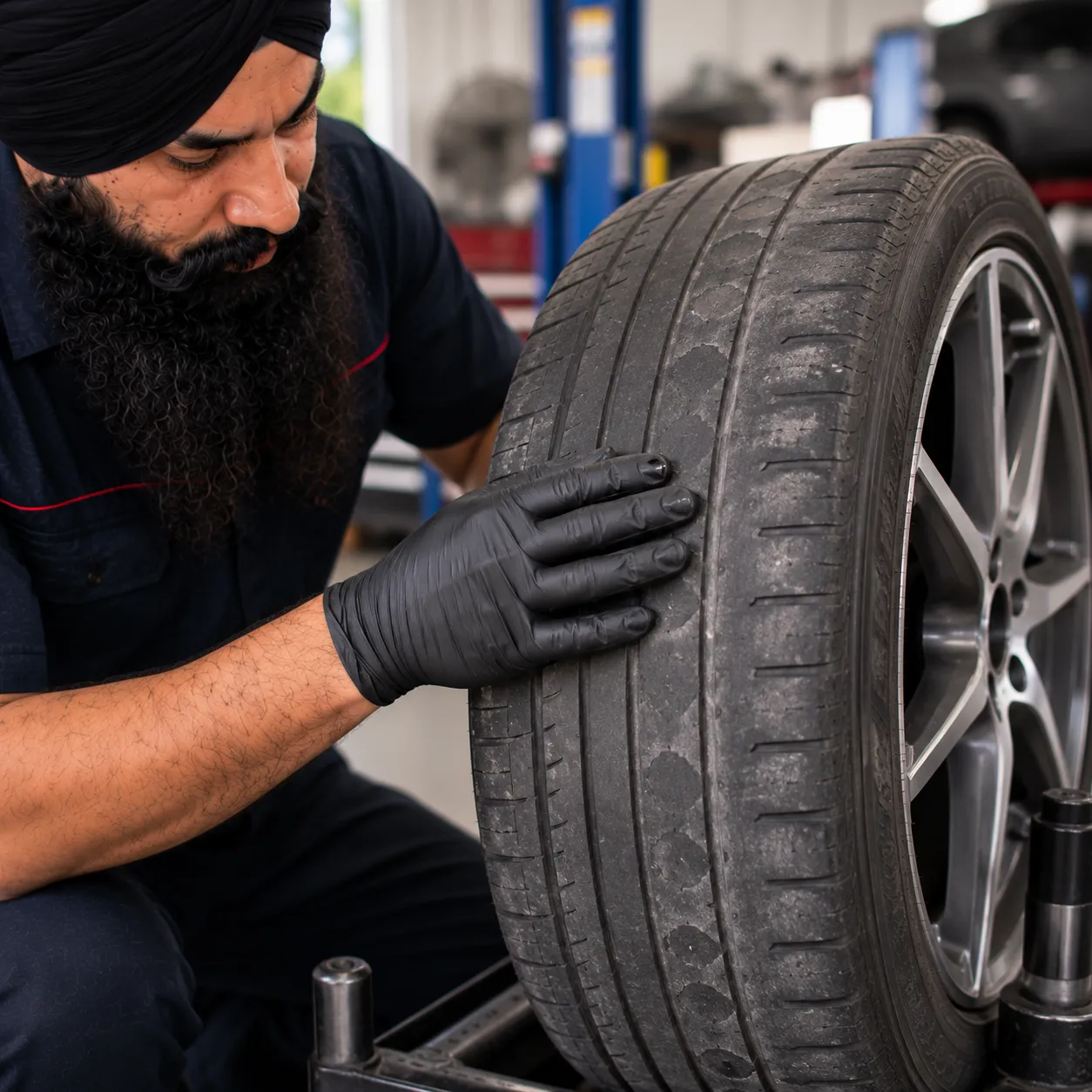 Mechanic inspecting cupped tyre wear caused by an unbalanced wheel in Beenleigh