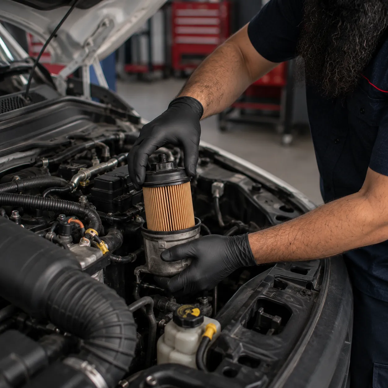 Mechanic replacing a diesel fuel filter on a van in Beenleigh