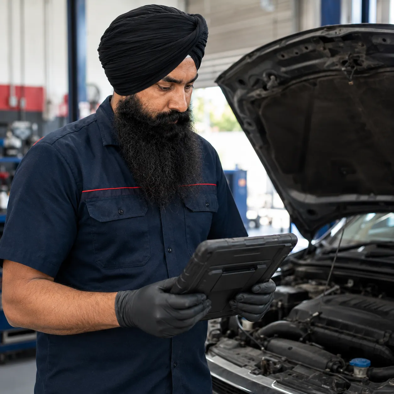 Mechanic reading diagnostic data beside an open bonnet in Beenleigh