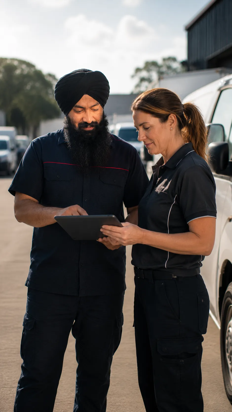 Mechanic reviewing fleet service records with a fleet manager near Beenleigh