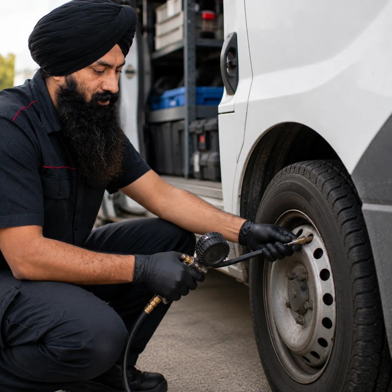 Mechanic setting tyre pressure on a loaded work van in Beenleigh