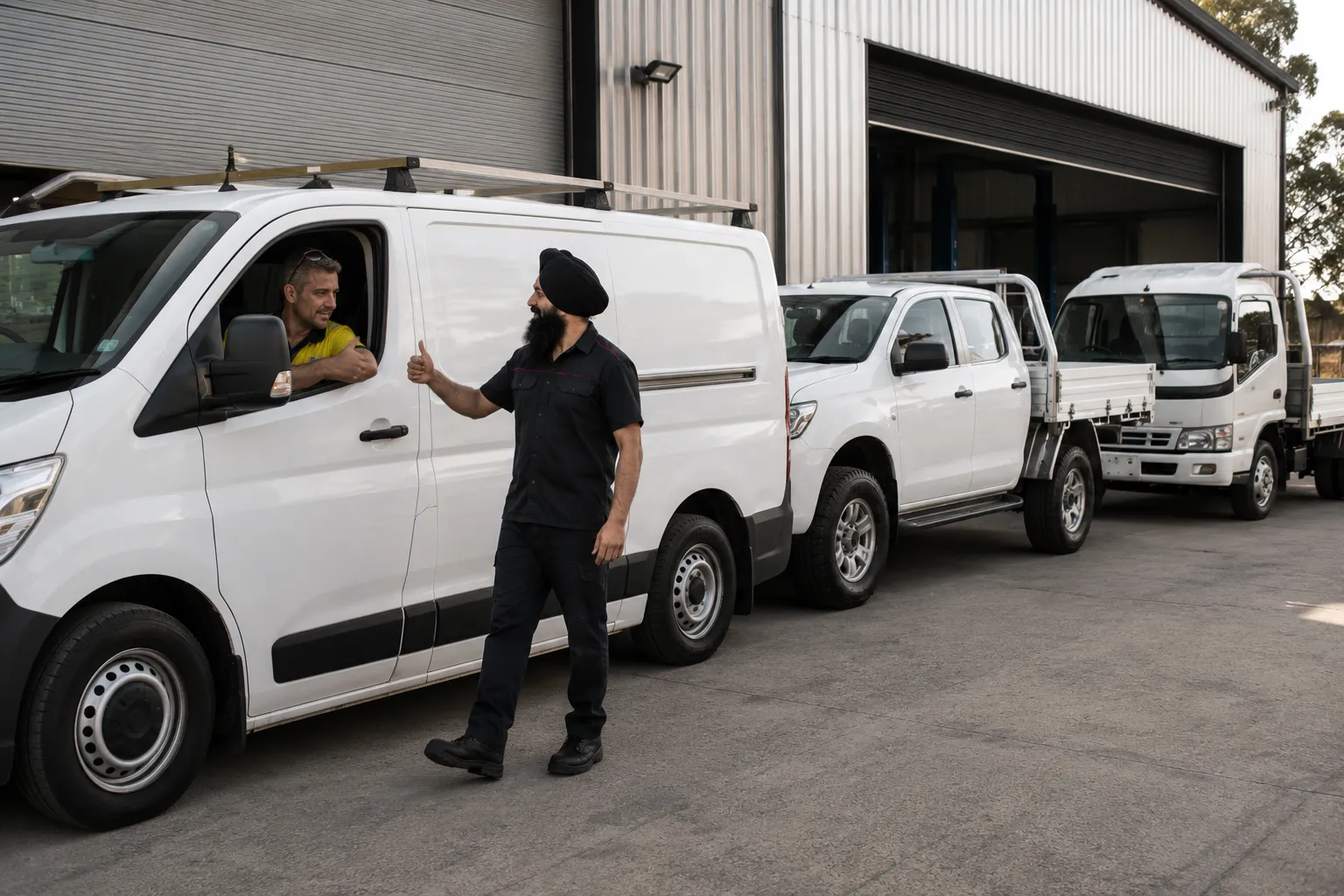 Fleet vehicles on new tyres outside a Beenleigh workshop