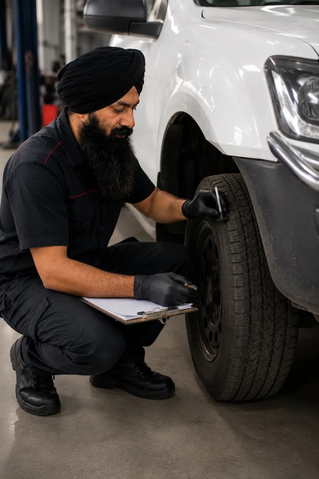 Mechanic measuring tyre tread depth on a fleet ute in Beenleigh