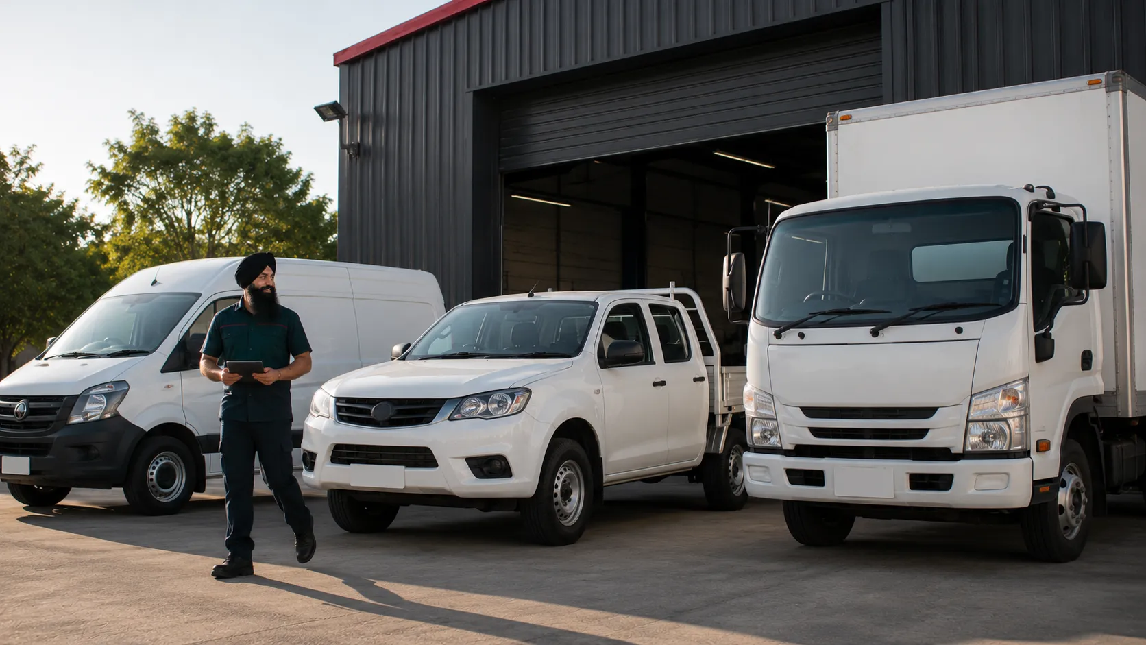 Fleet of work vehicles lined up for servicing at a Beenleigh workshop