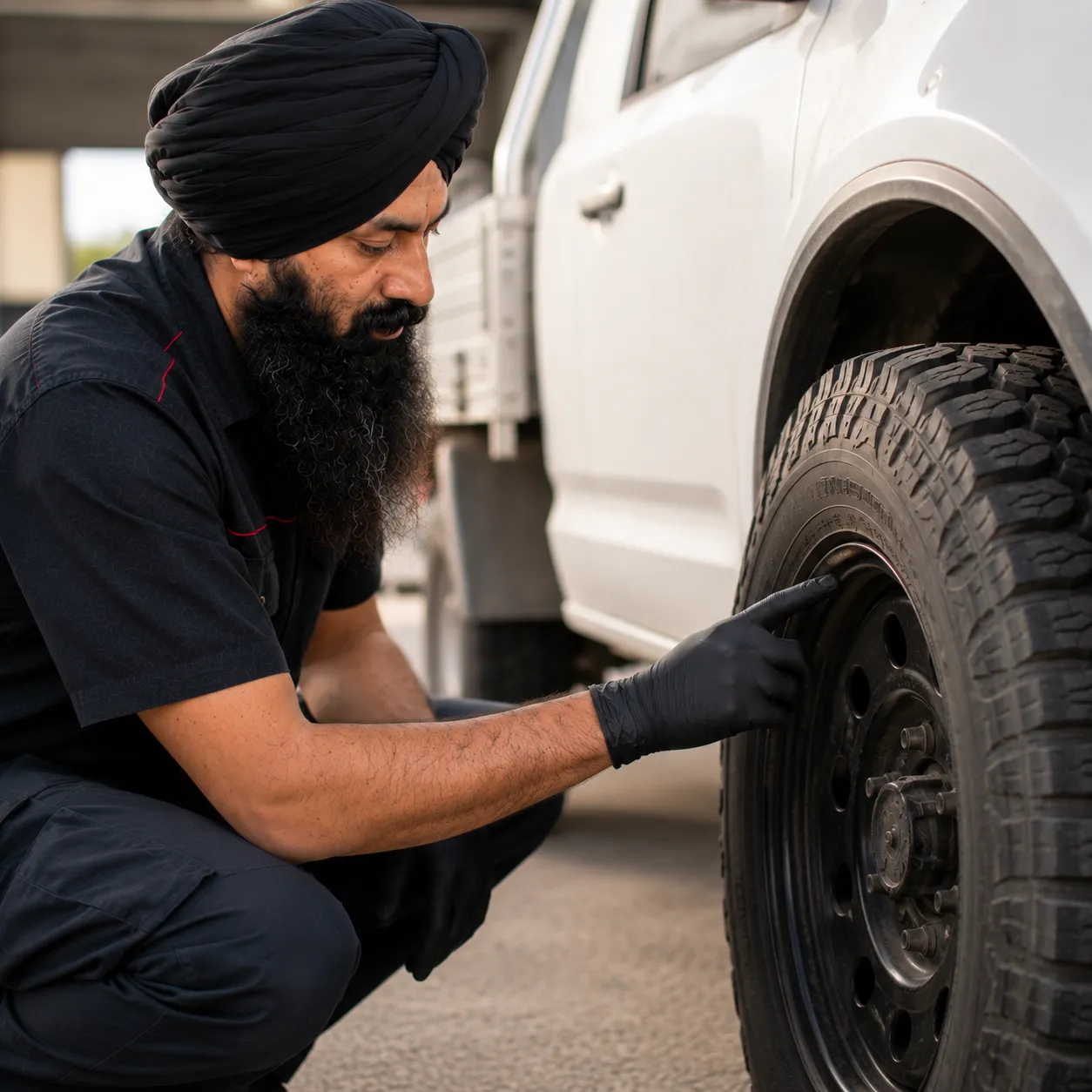 Mechanic pointing at the sidewall of a light truck tyre in Beenleigh
