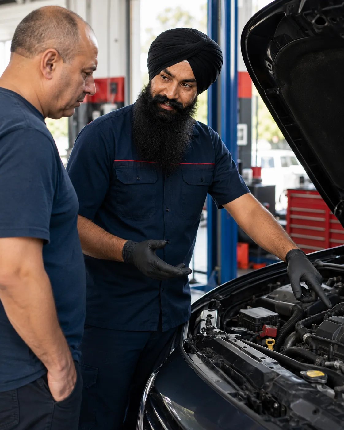 Mechanic explaining a car diagnosis to a customer in Beenleigh