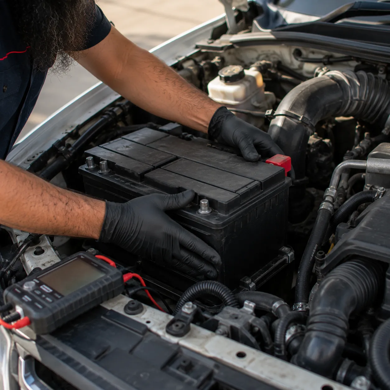 Mechanic replacing a fleet vehicle battery on site near Beenleigh