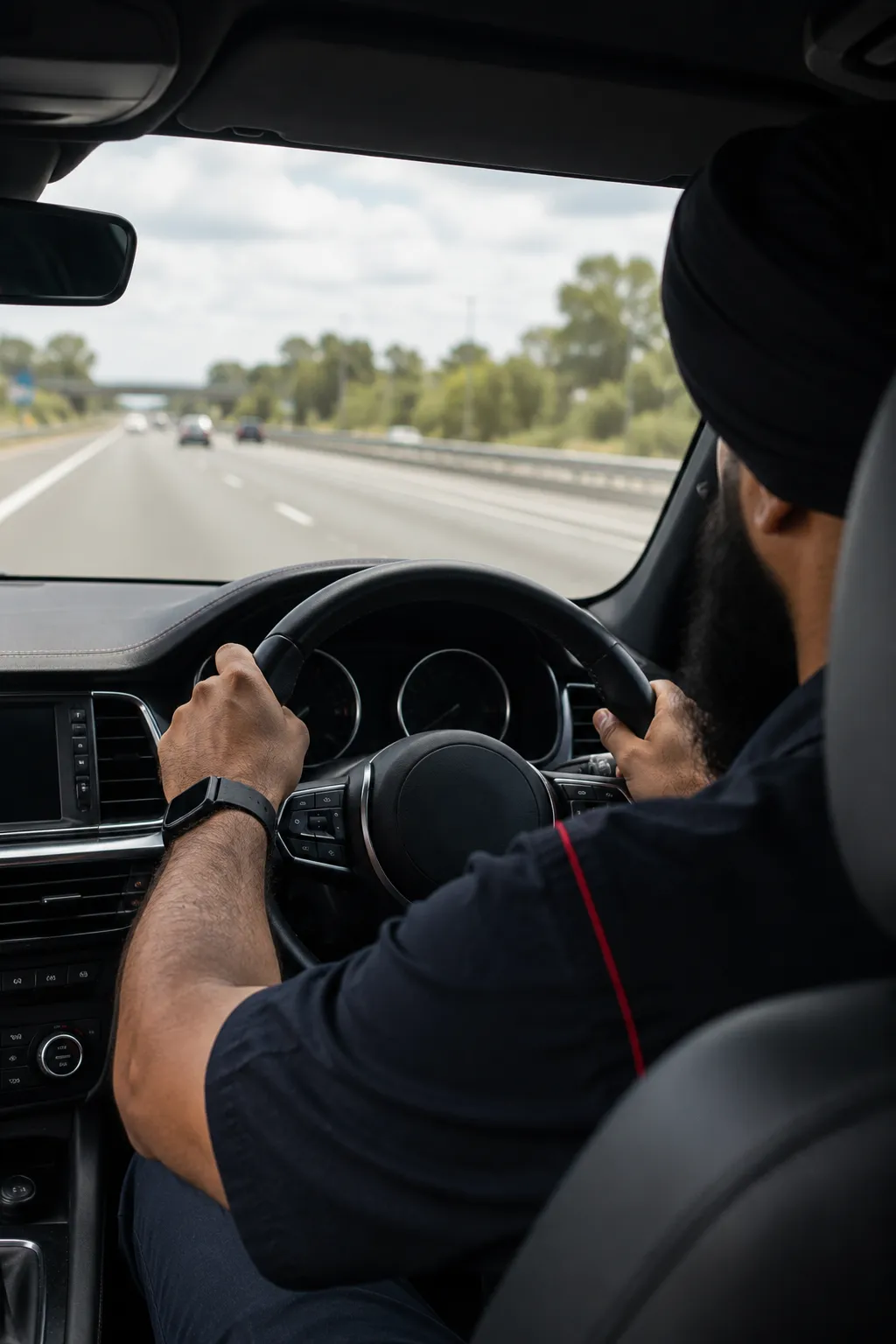Hands on a steering wheel at highway speed near Beenleigh