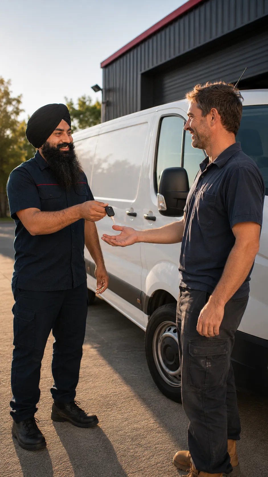Mechanic handing van keys to a tradesperson in Beenleigh