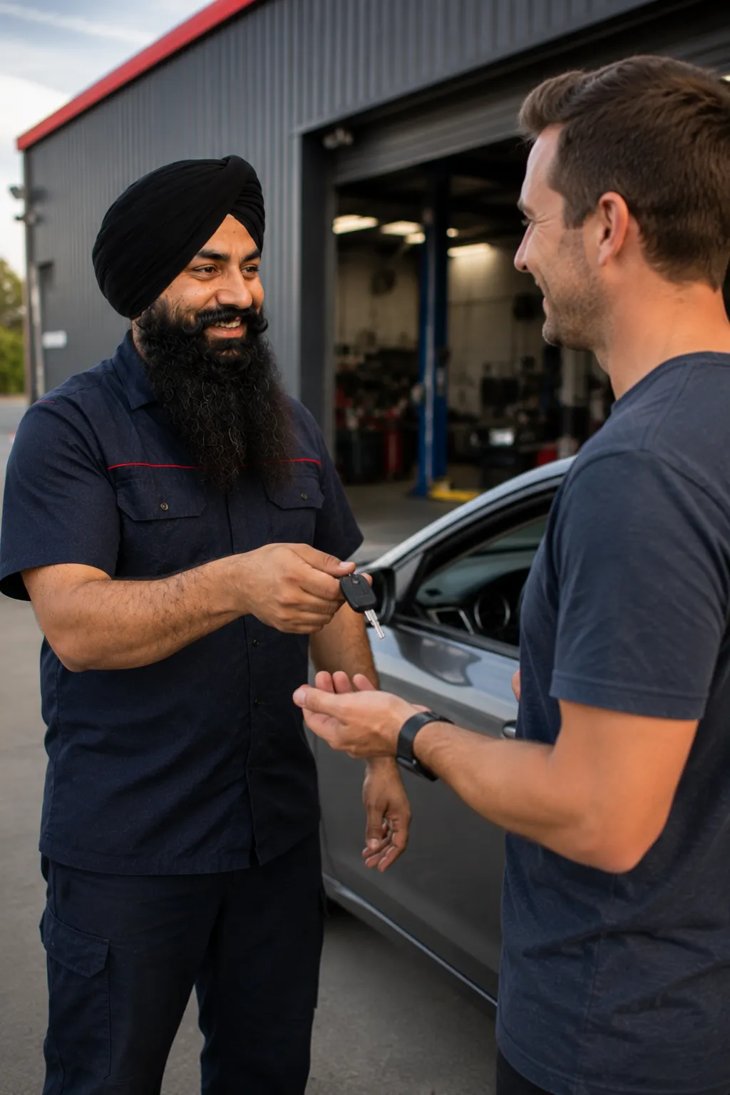 Mechanic returning keys to a customer after a wheel balance in Beenleigh