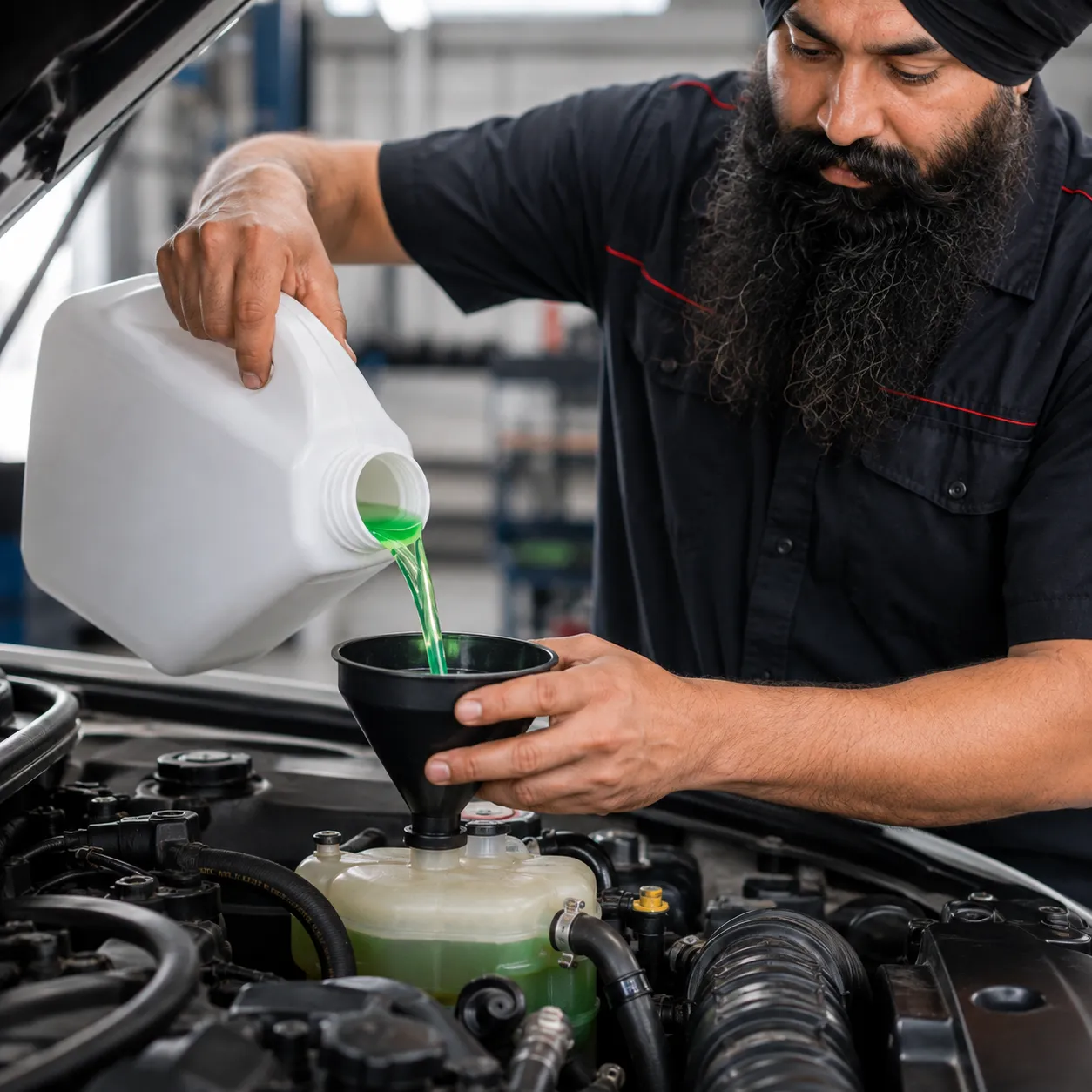 Mechanic pouring fresh coolant into a car at a Beenleigh workshop