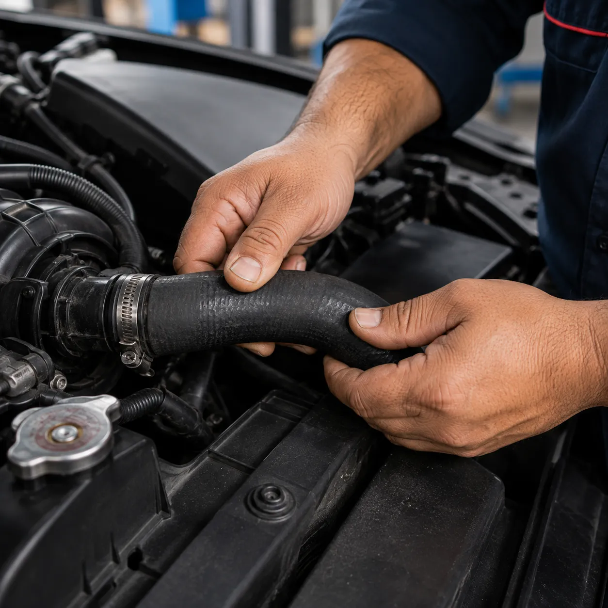 Mechanic inspecting a radiator hose during a cooling system service in Beenleigh