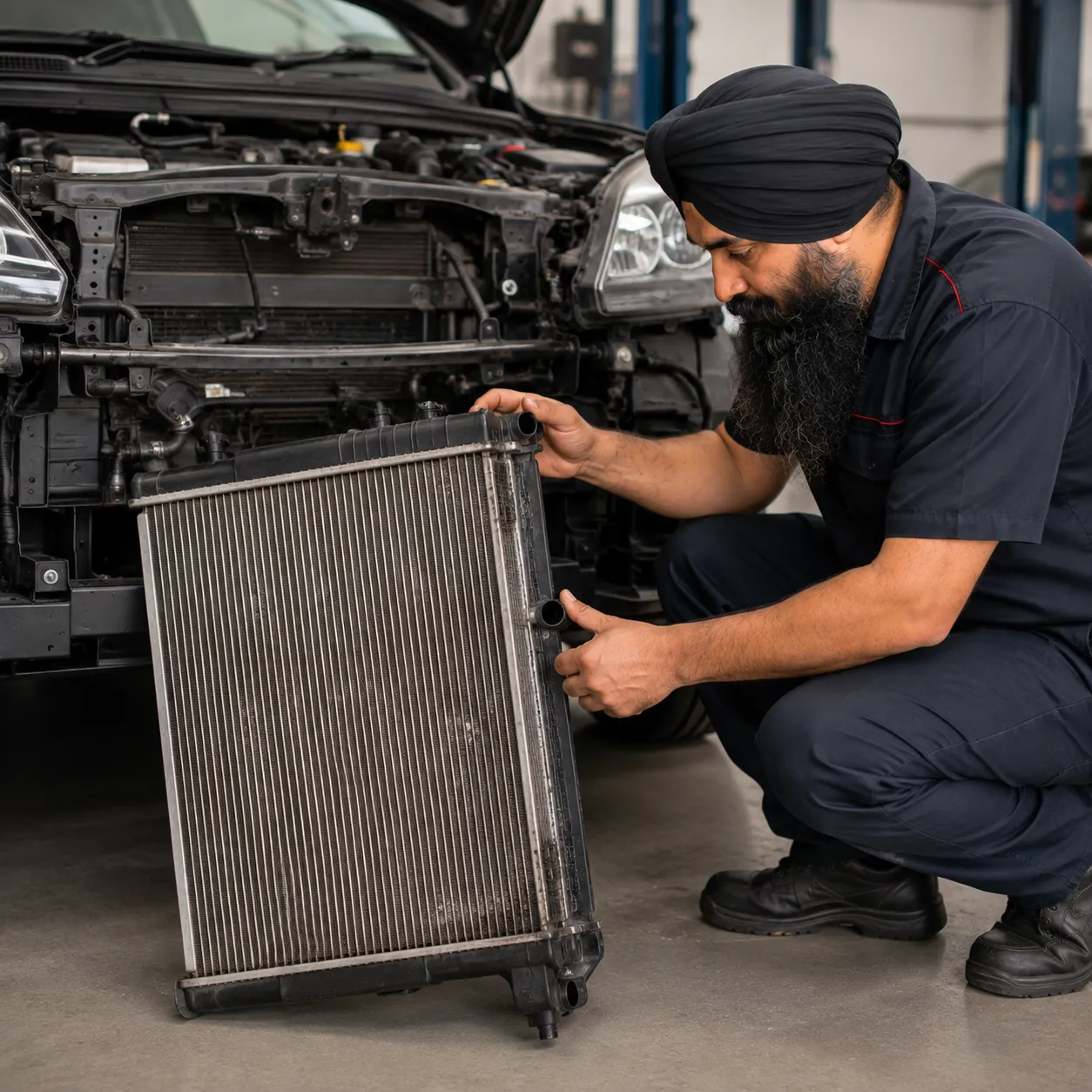 Mechanic inspecting a car radiator at a Beenleigh workshop