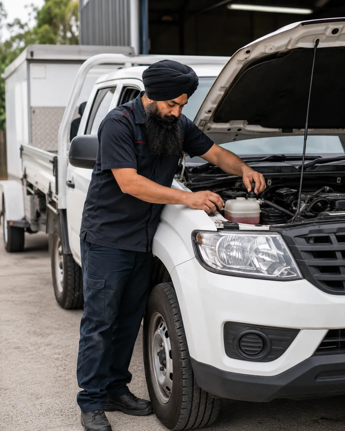 Mechanic checking the cooling system of a work ute in Beenleigh