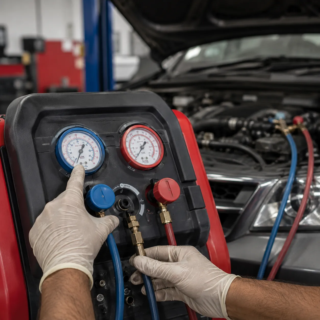 Close up of air conditioning regas gauges in use at a Beenleigh workshop