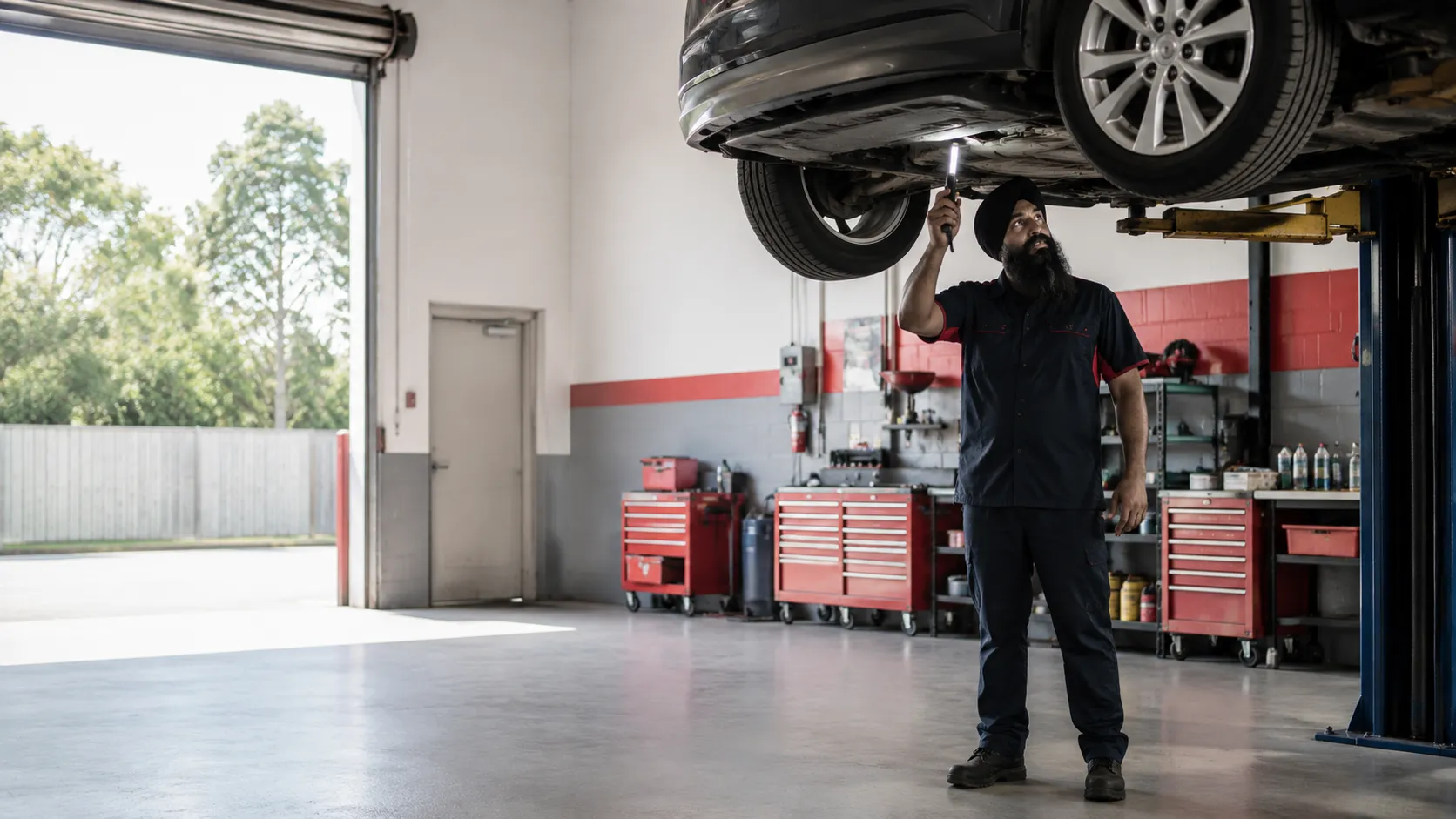 Mechanic inspecting a car raised on a hoist at a Beenleigh workshop