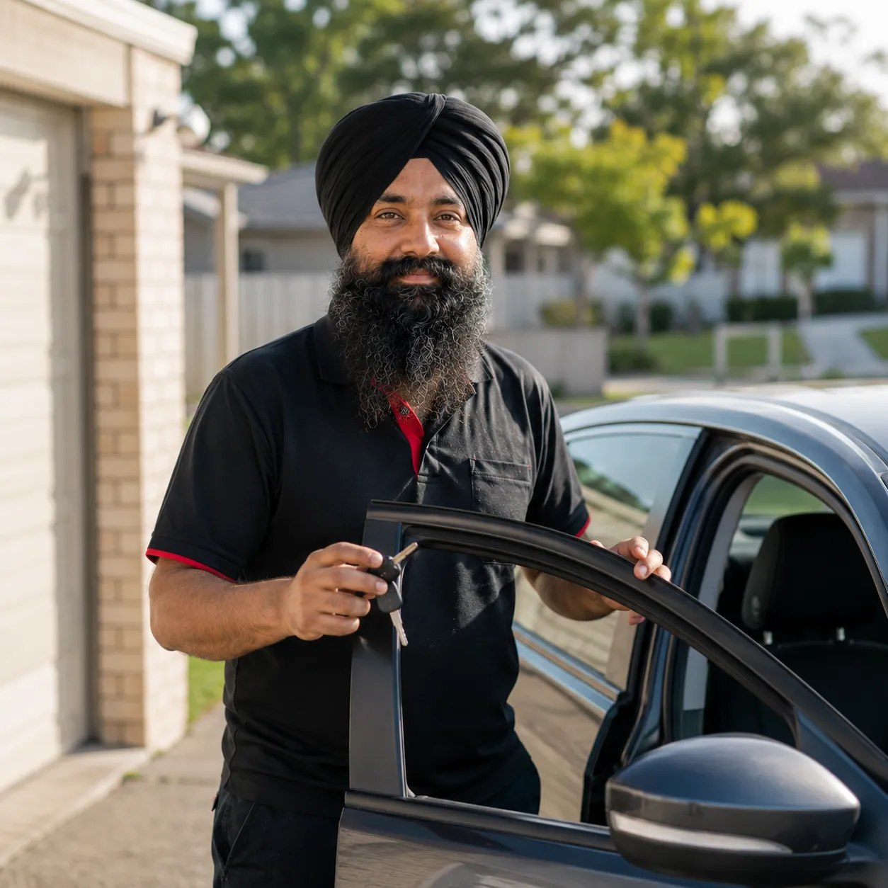 Mechanic collecting a customer car from a Beenleigh driveway for servicing