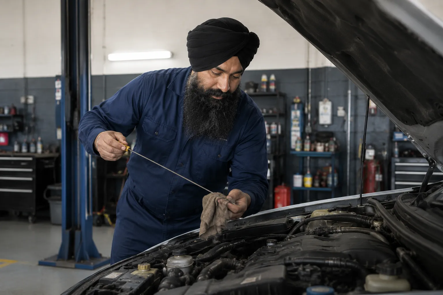 Mechanic checking the oil and fluids during a car service