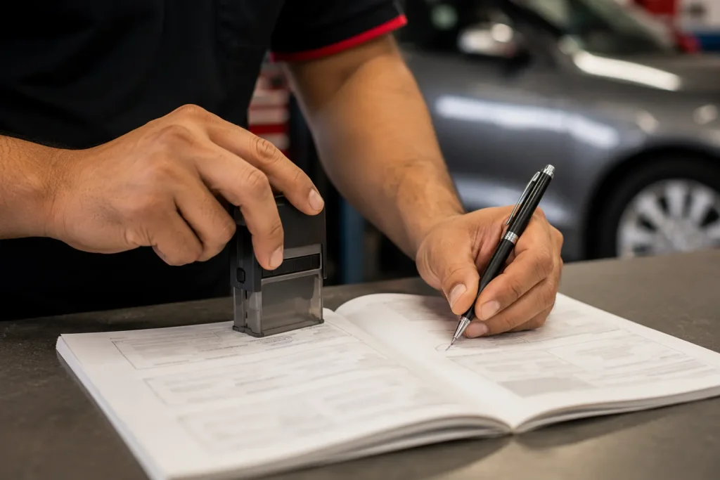 mechanic stamping a vehicle service logbook