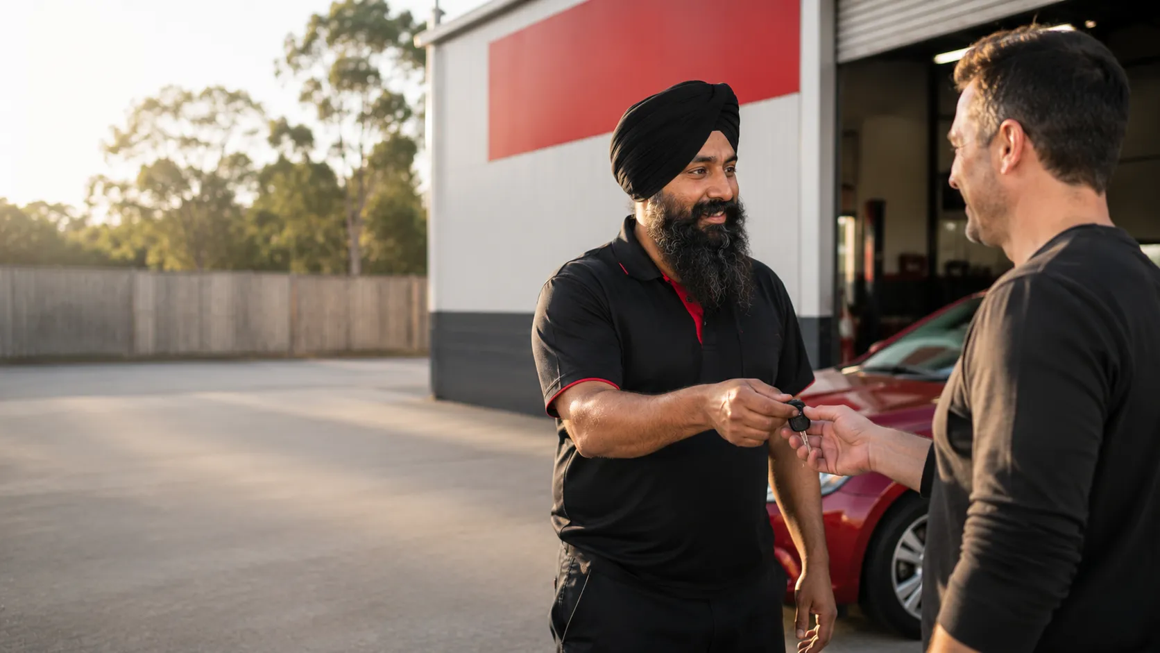 Mechanic handing car keys to a happy customer at a Beenleigh workshop