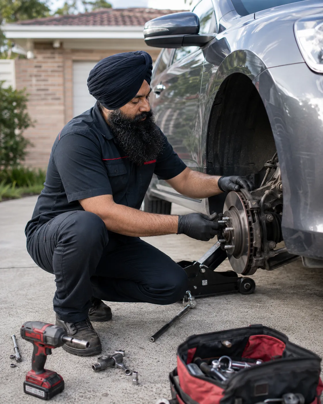 mechanic carrying out a mobile brake repair in a Beenleigh driveway