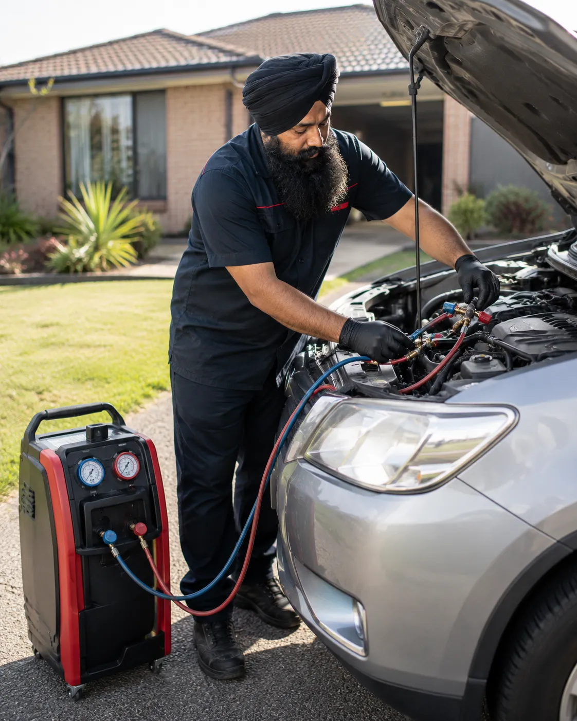 Mobile car air conditioning service in a Beenleigh driveway