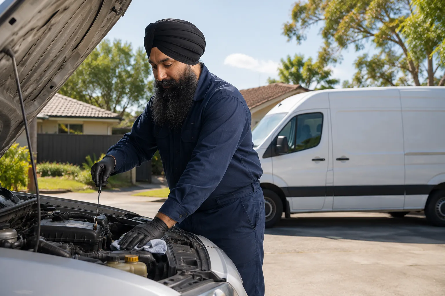 Mobile mechanic servicing a car in a driveway in Beenleigh