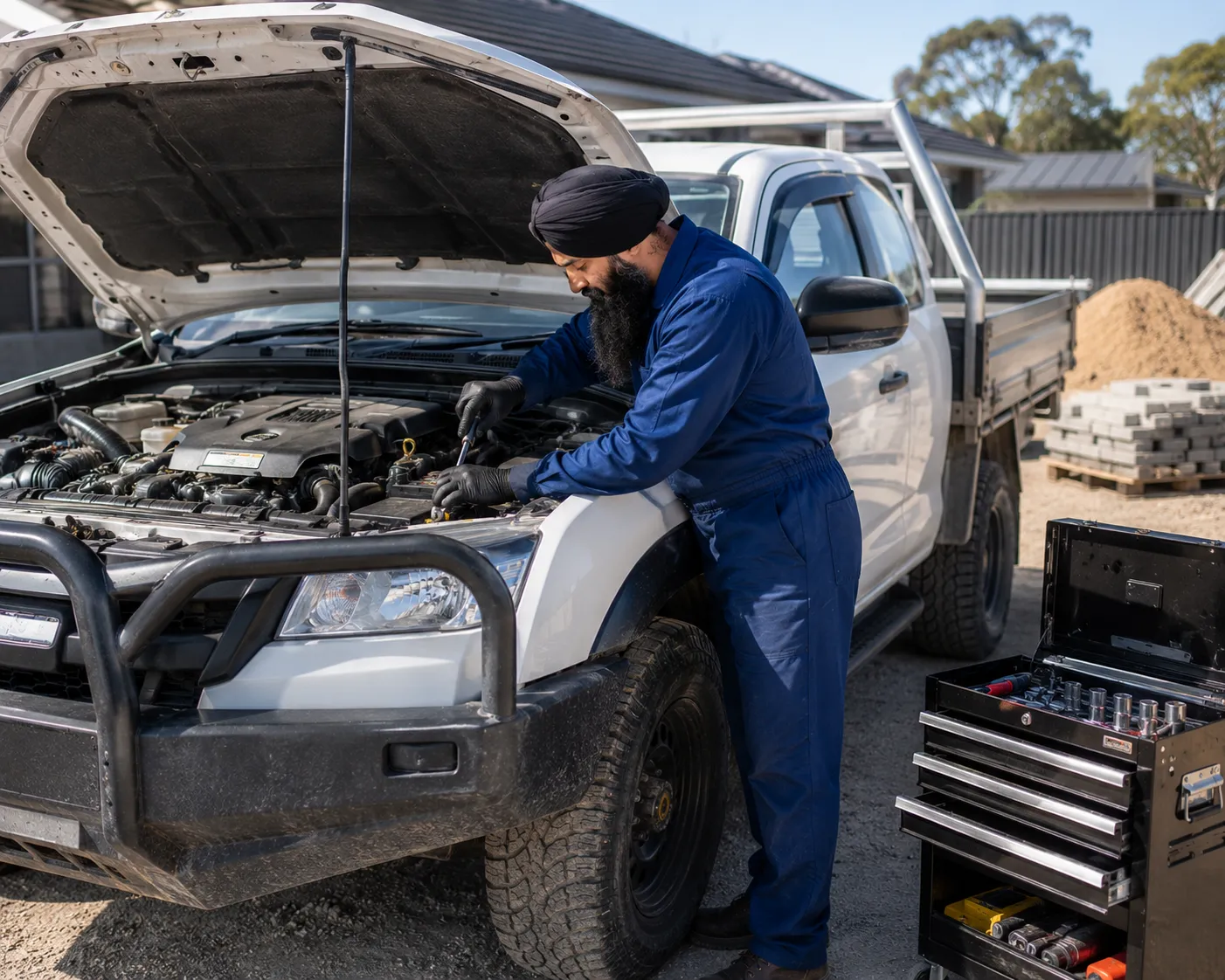 Mobile mechanic servicing a diesel ute at a customer's location