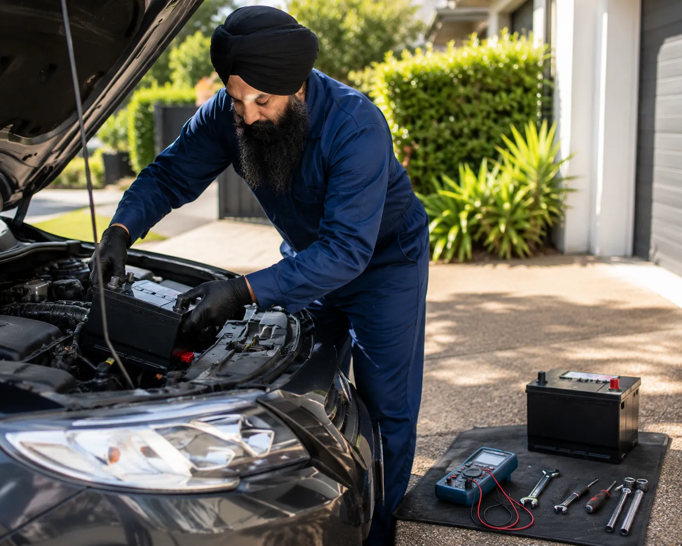 Mobile mechanic replacing a car battery in a driveway