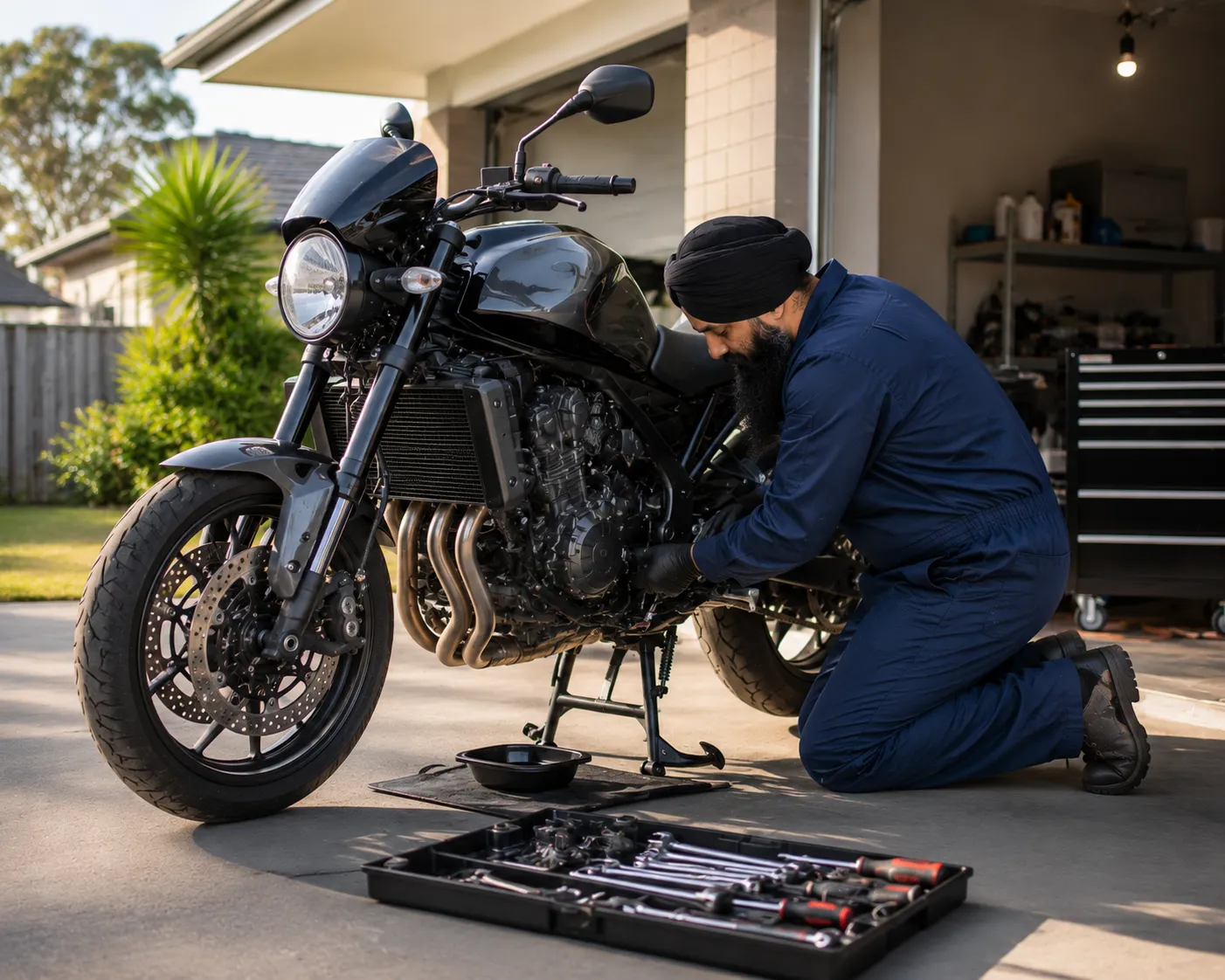 Mobile mechanic servicing a motorbike at a customer's home