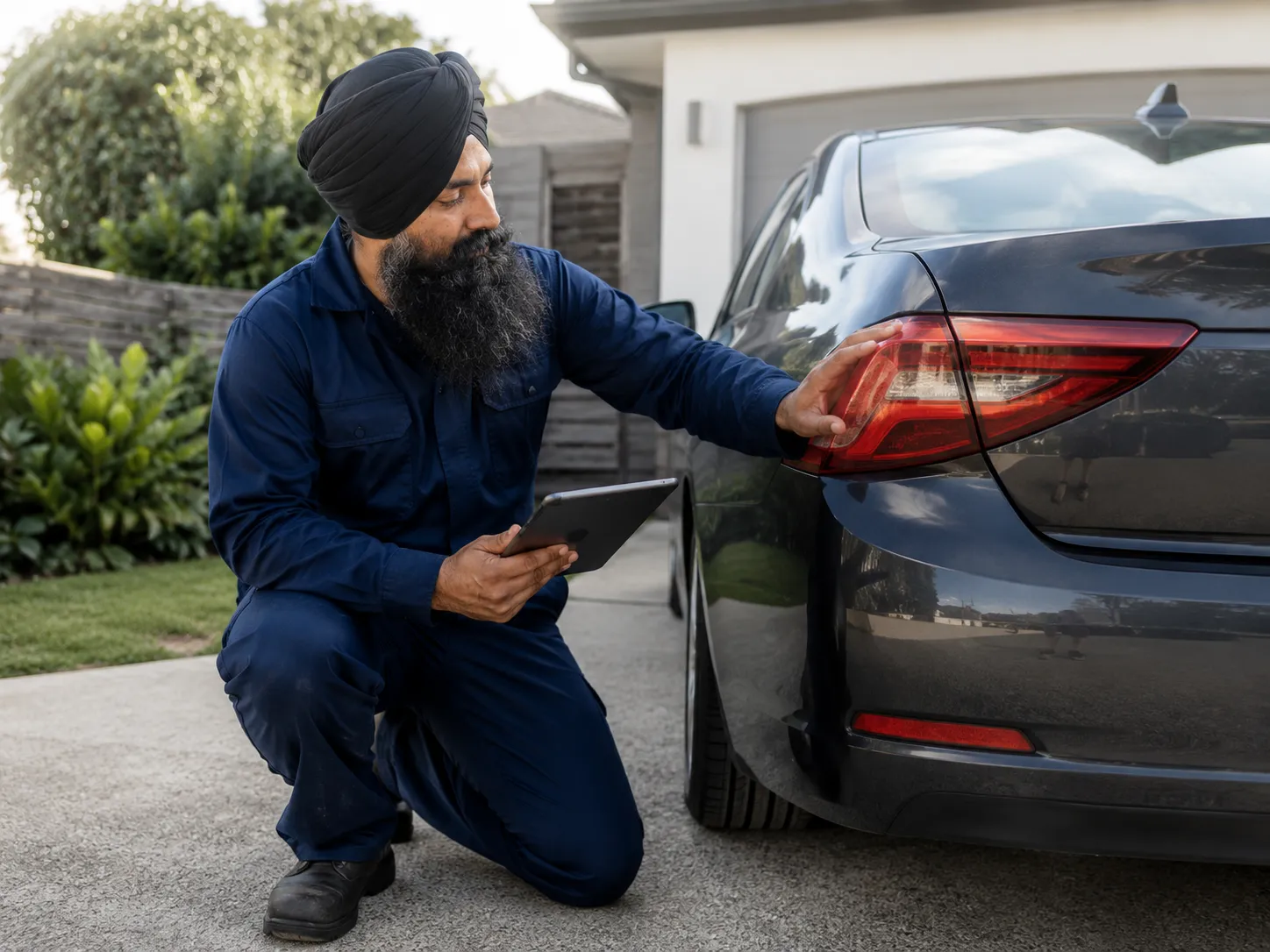 Mobile roadworthy inspector checking a car in a driveway in Beenleigh.