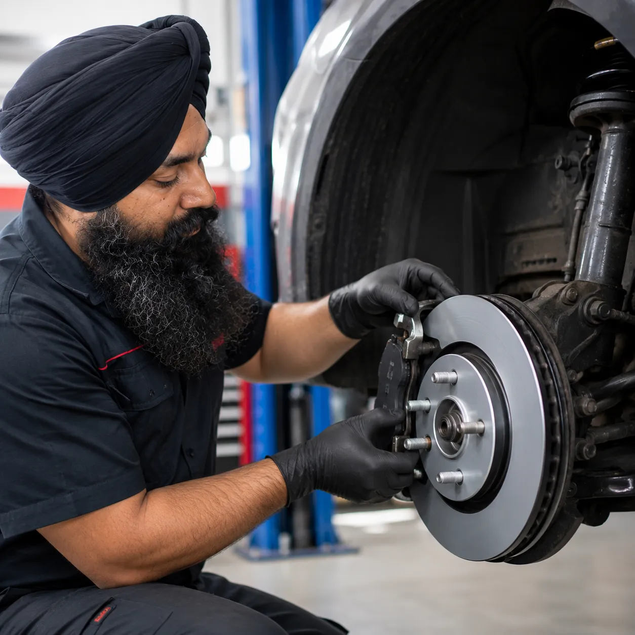 mechanic fitting a new brake disc and pads at a Beenleigh workshop