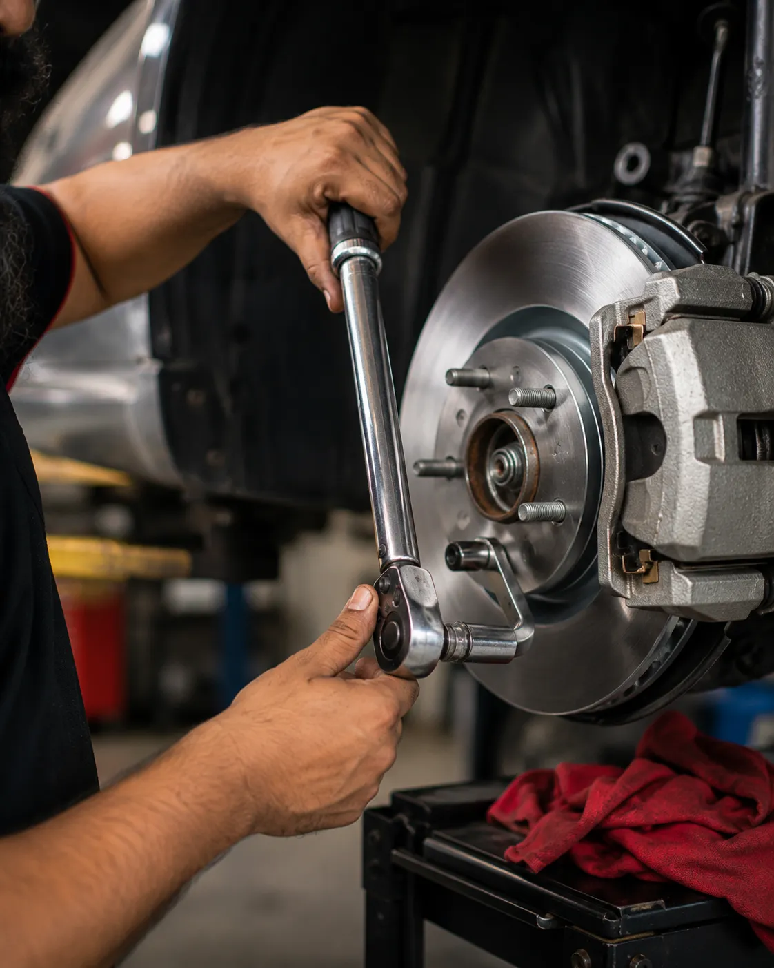 Mechanic using a torque wrench on a brake assembly at a Beenleigh workshop