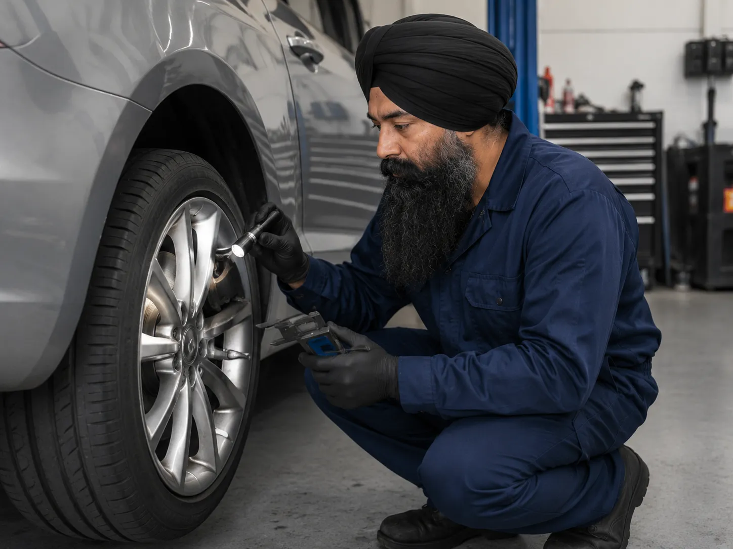 Mechanic inspecting a car's brakes and tyres for a safety certificate