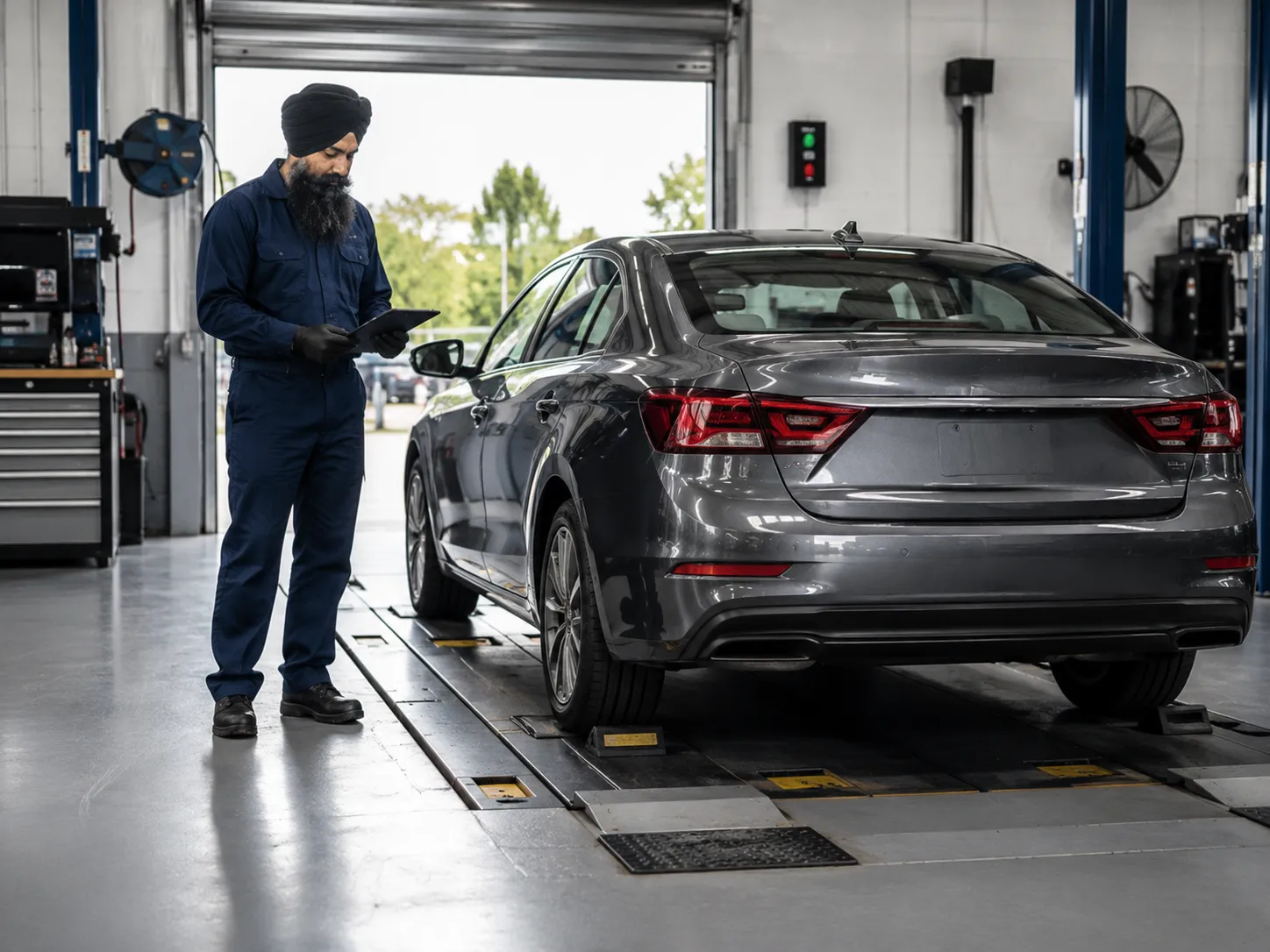 Rideshare car undergoing a certificate of inspection at the workshop