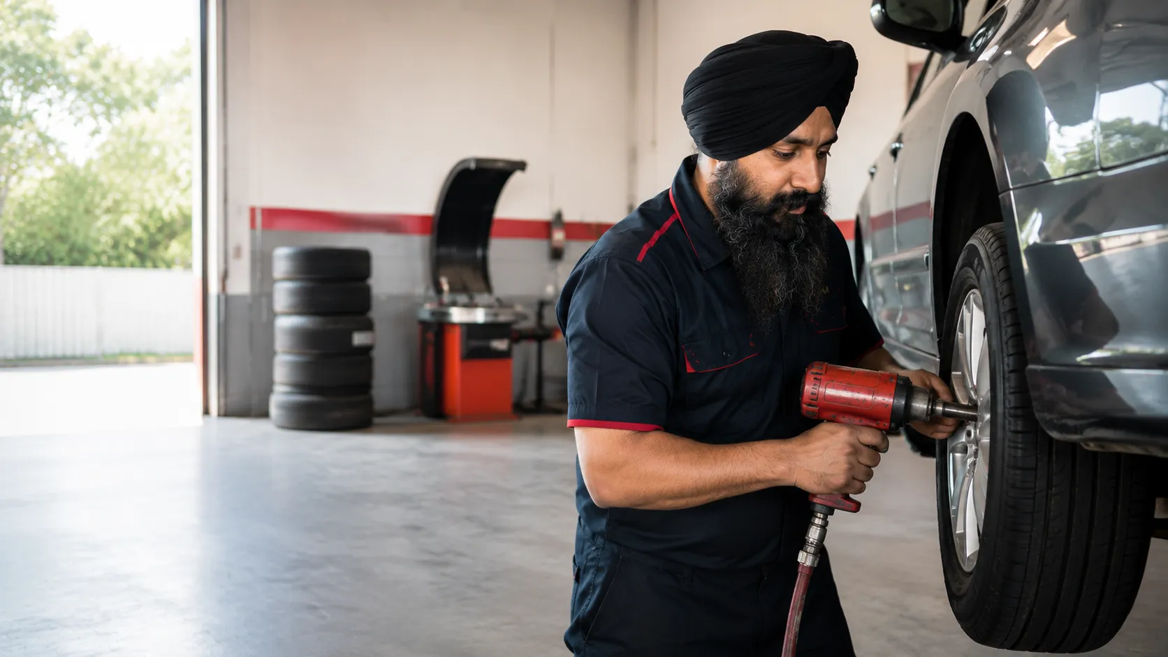 Mechanic fitting a tyre at Singh Mechanic Workshop and Tyre in Beenleigh