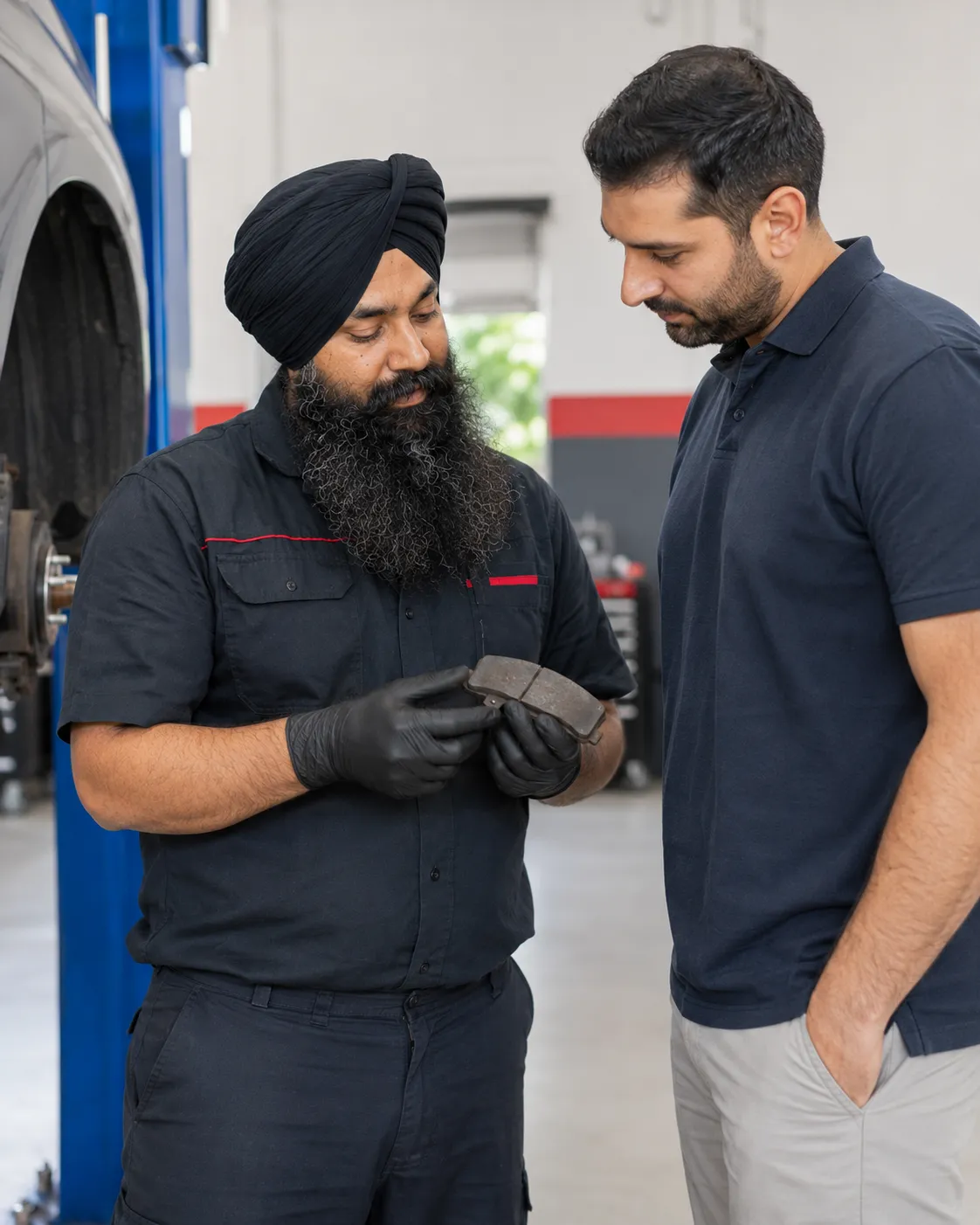 mechanic showing a customer a worn brake pad during an inspection in Beenleigh