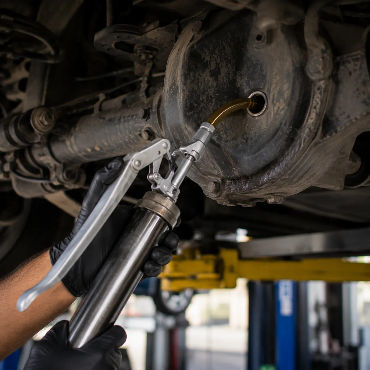 Mechanic filling a 4WD differential with fresh oil at a Beenleigh workshop