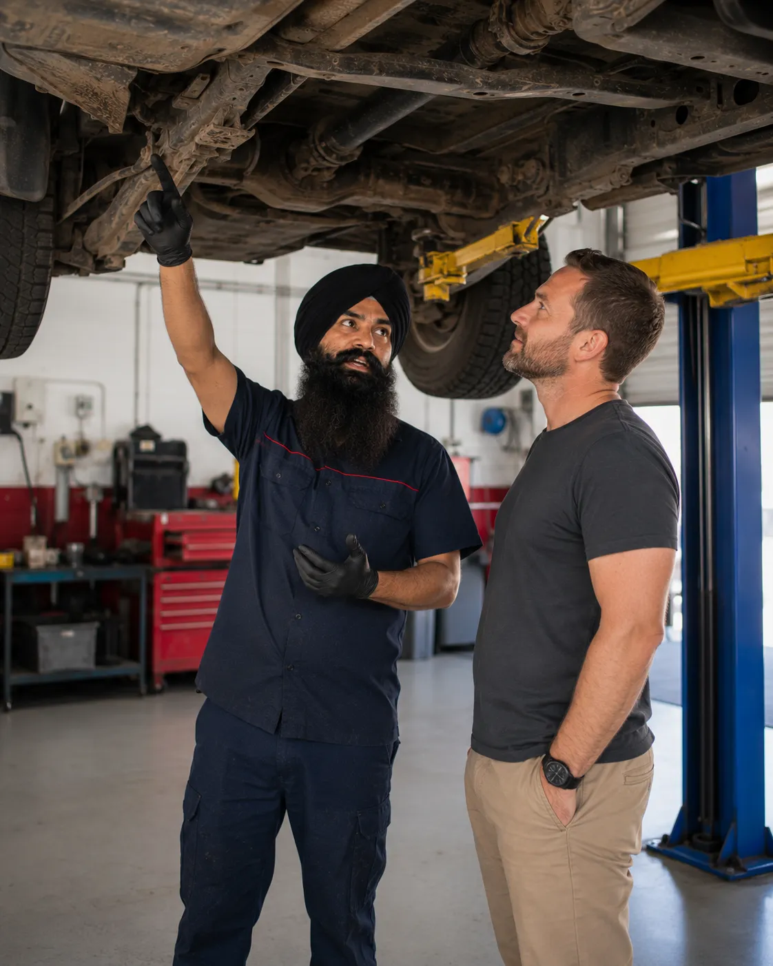 Mechanic explaining a 4WD underbody inspection to a customer in Beenleigh