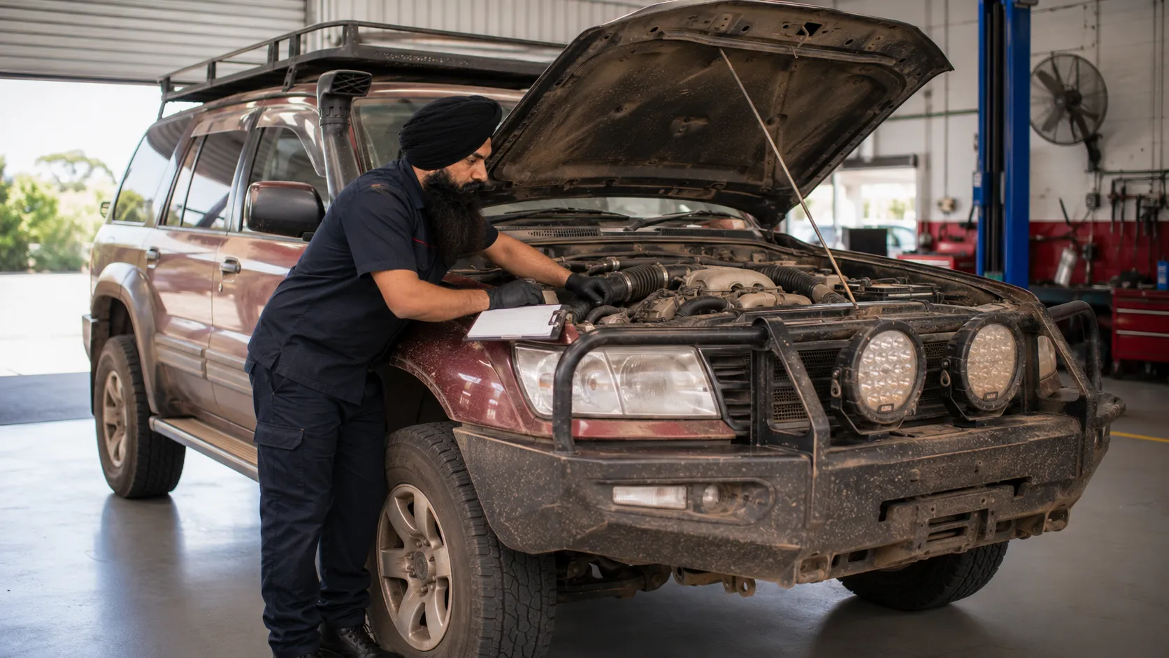 Mechanic performing a pre trip inspection on a dusty 4WD wagon in Beenleigh