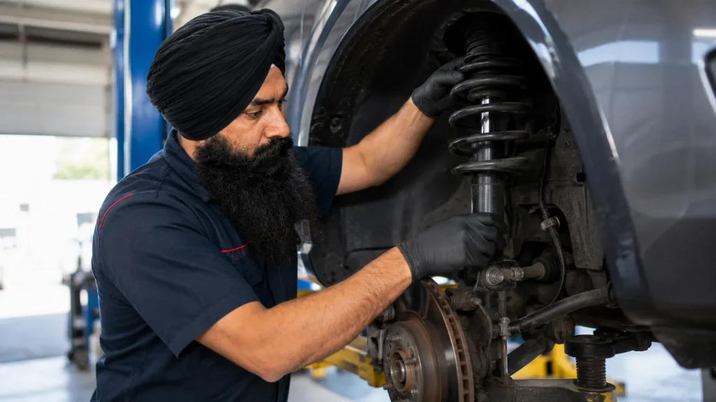 Mechanic repairing car suspension on a hoist at a Beenleigh workshop