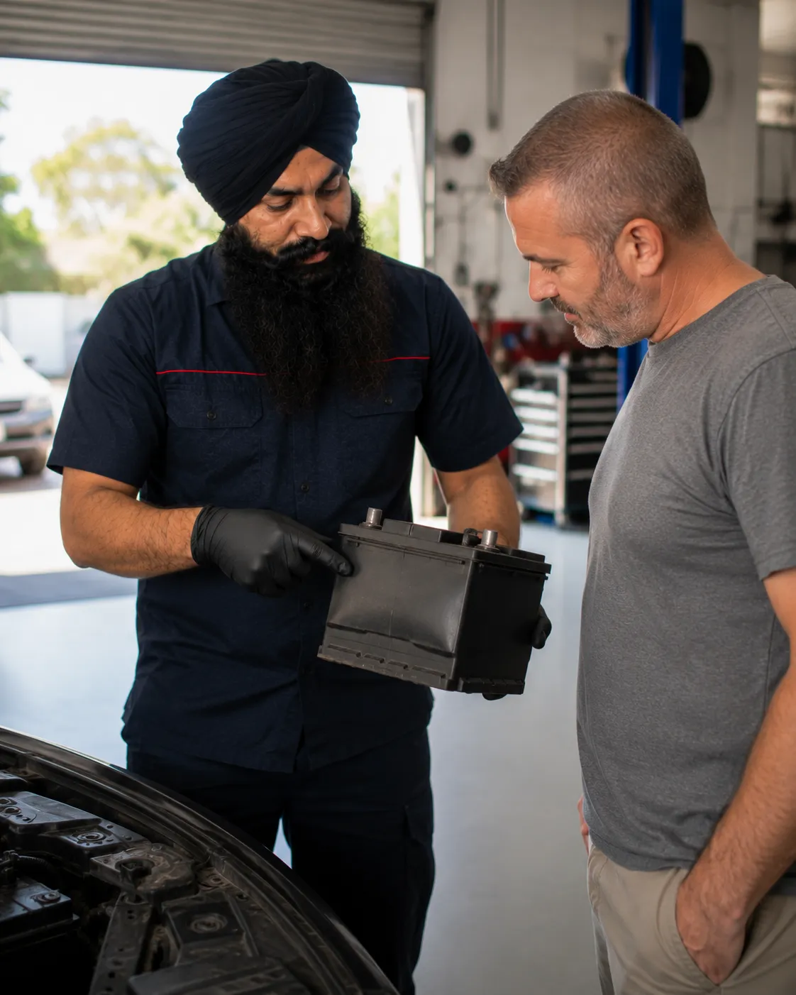 Mechanic showing a customer a worn car battery in Beenleigh