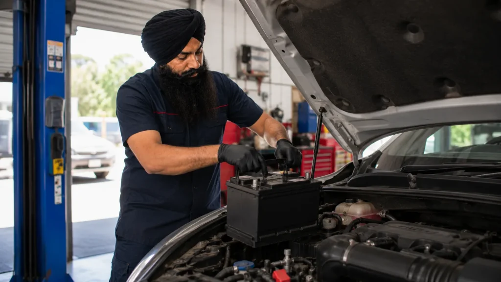 Mechanic fitting a new car battery at a Beenleigh workshop