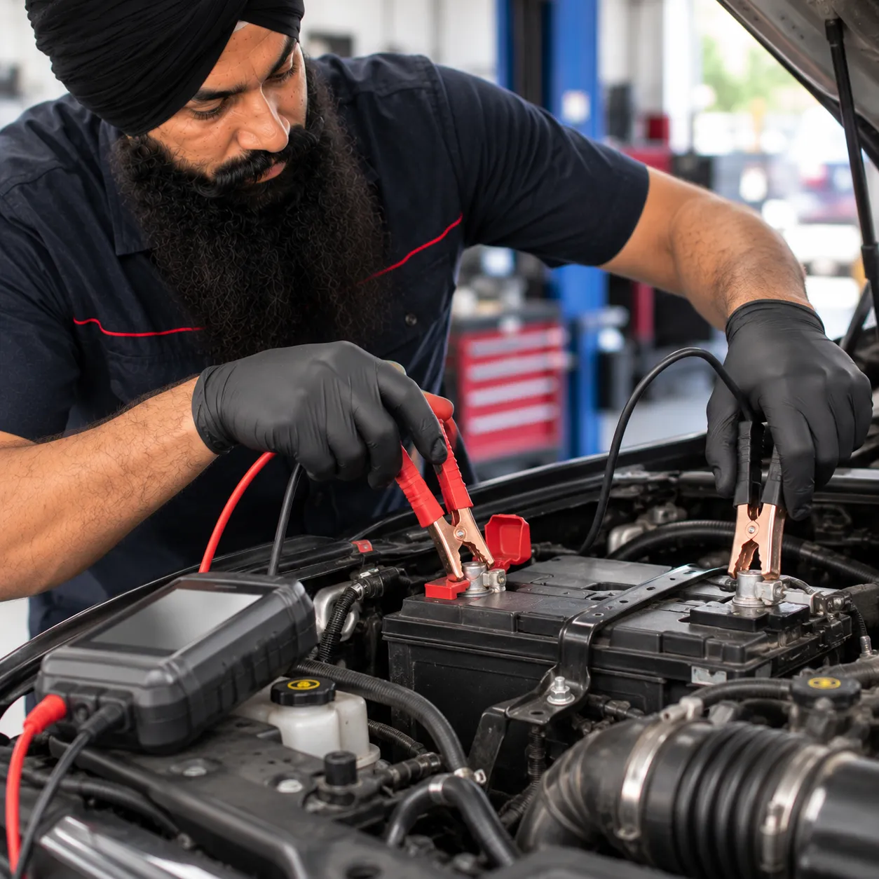 Mechanic testing a car battery with a handheld tester in Beenleigh