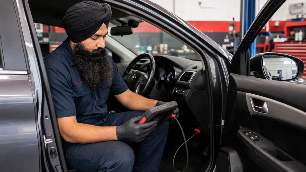 Mechanic connecting a diagnostic scan tool to a car at a Beenleigh workshop