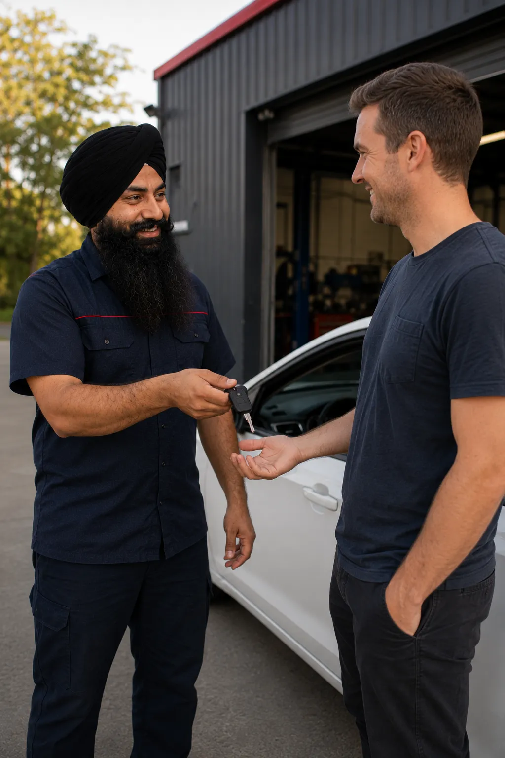 Mechanic returning keys to a driver after a COI inspection in Beenleigh