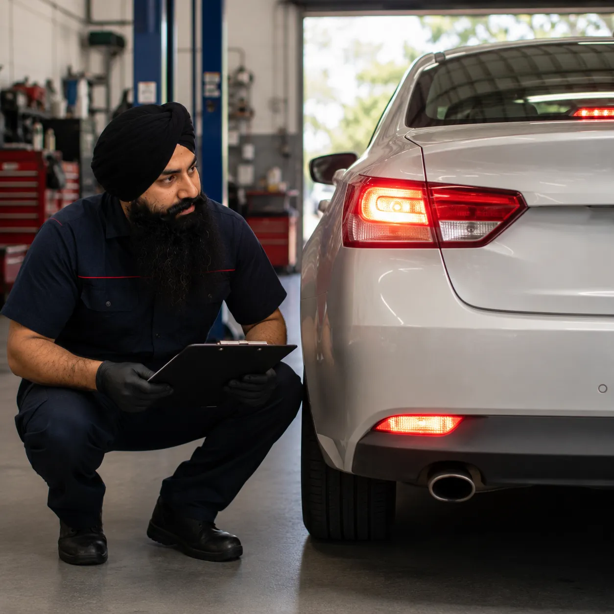 Mechanic checking brake lights during a COI inspection in Beenleigh